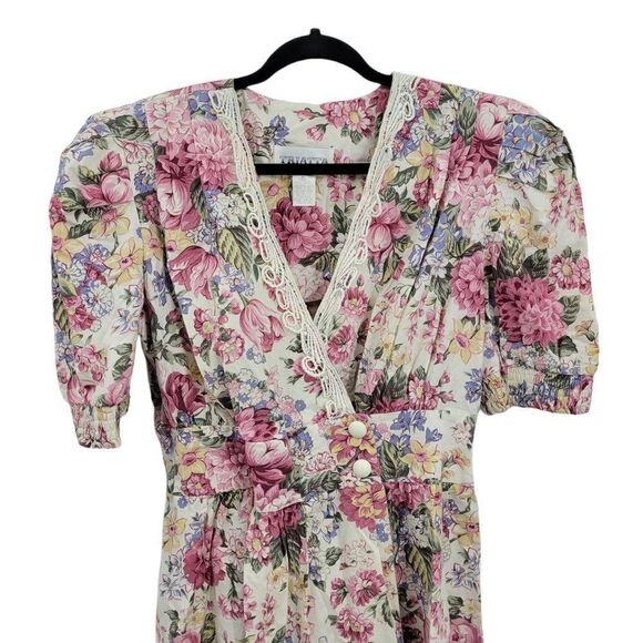 Vtg 80's Womens L Dress Cottage Core Mock Wrap Puff Sleeve Full Midi Floral Pink - Picture 3 of 10